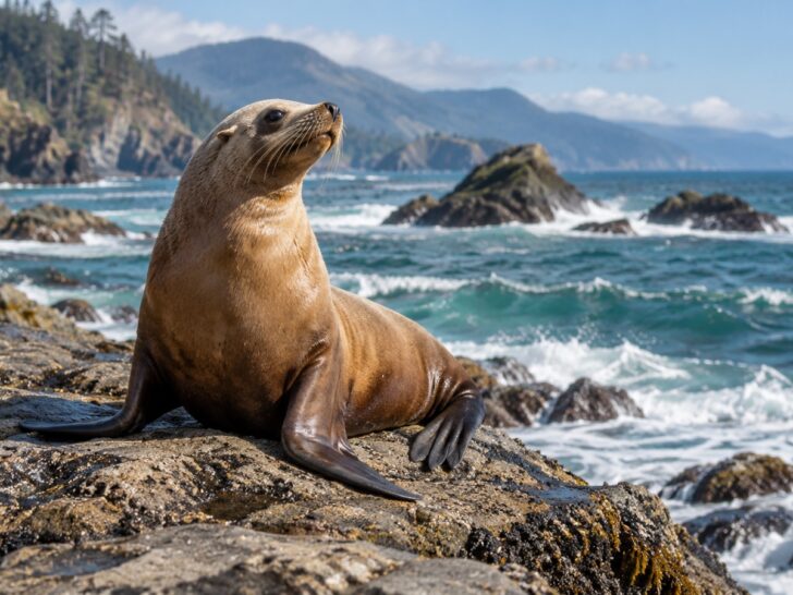 Sea lion resting on a rocky Pacific coast.