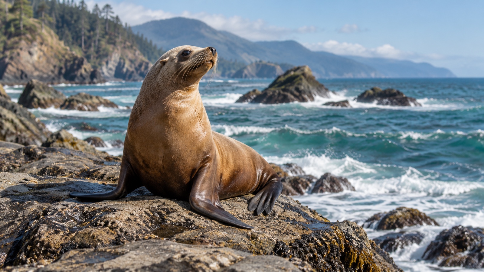 Sea lion resting on a rocky Pacific coast.