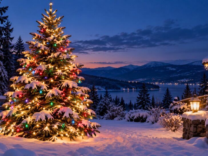 Snow-covered evergreen Christmas tree glowing with multicolor lights at blue twilight.
