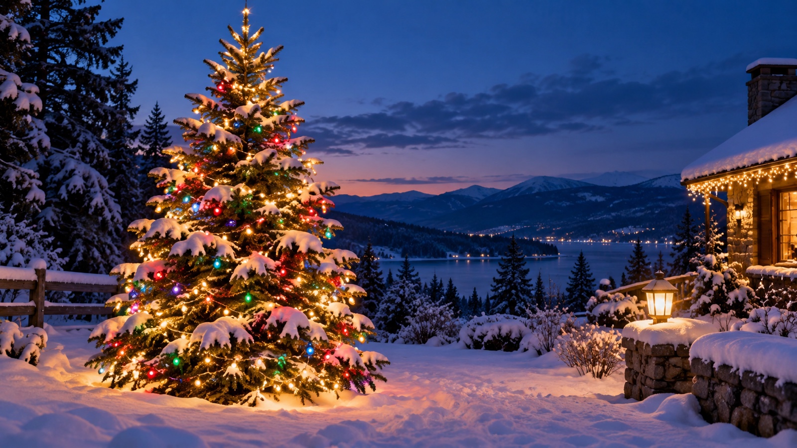 Snow-covered evergreen Christmas tree glowing with multicolor lights at blue twilight.