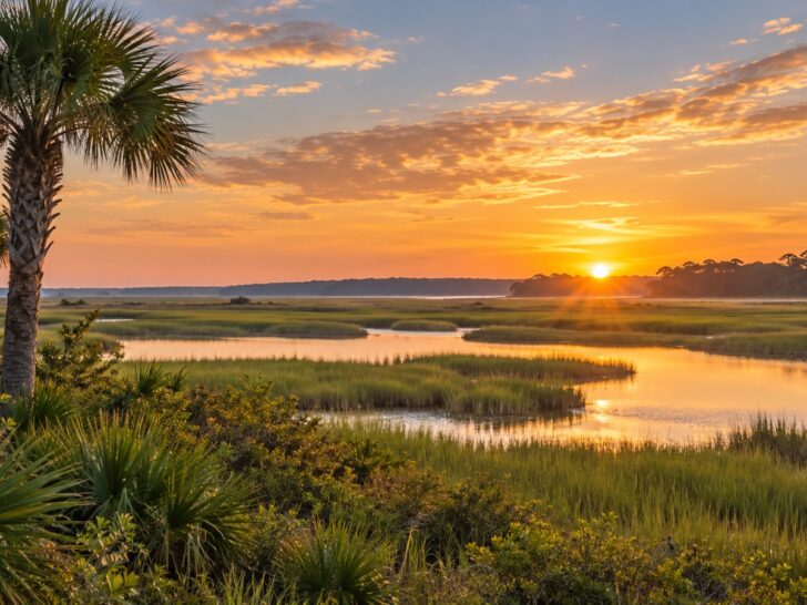 South Carolina coastal marsh with palmetto trees at sunrise.
