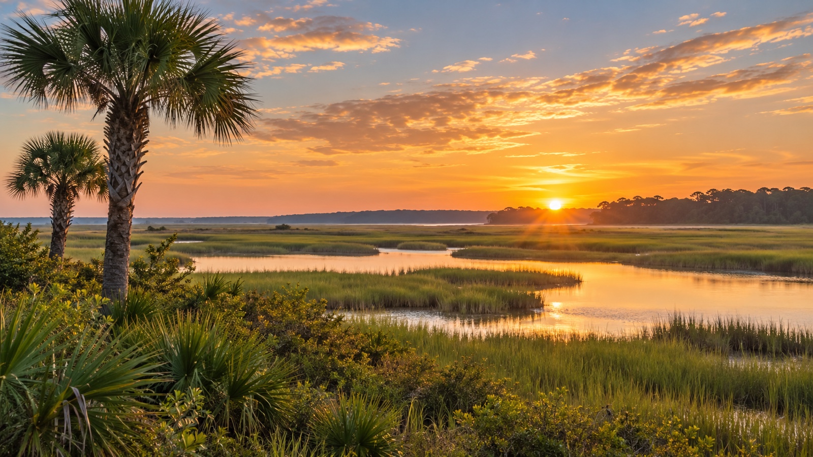 South Carolina coastal marsh with palmetto trees at sunrise.