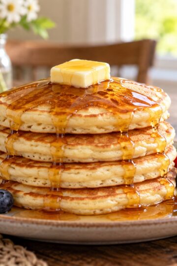 Stack of fluffy pancakes with butter and syrup on a breakfast table.