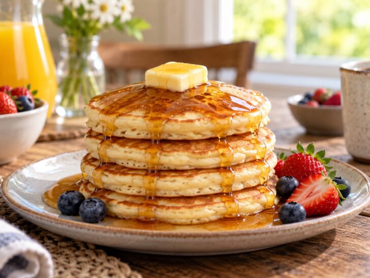 Stack of fluffy pancakes with butter and syrup on a breakfast table.