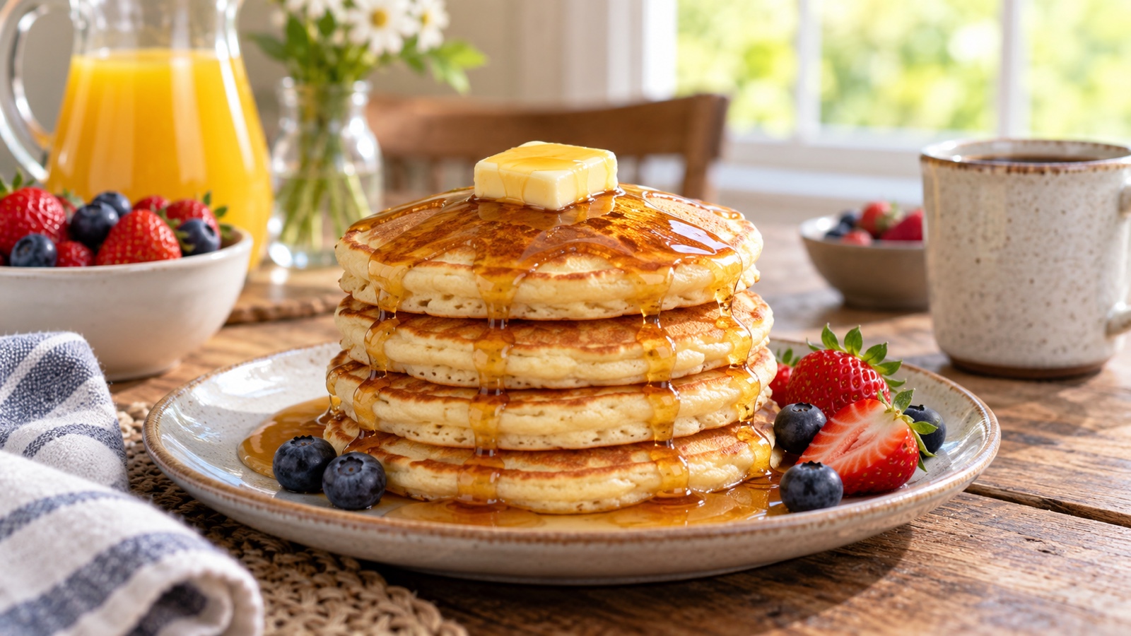 Stack of fluffy pancakes with butter and syrup on a breakfast table.