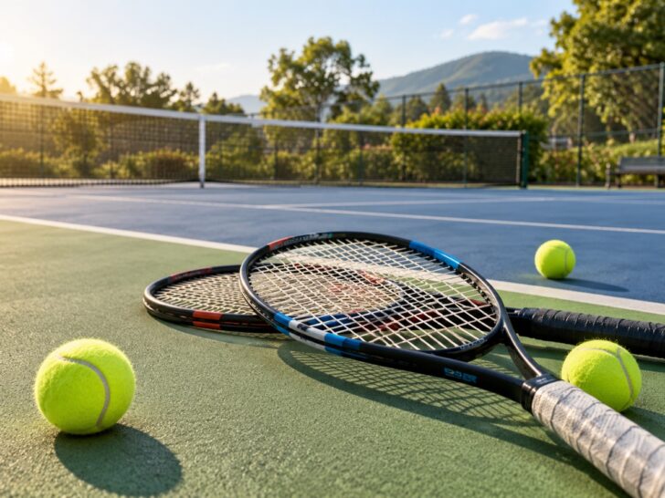 Sunlit public tennis court with two rackets and tennis balls no people.