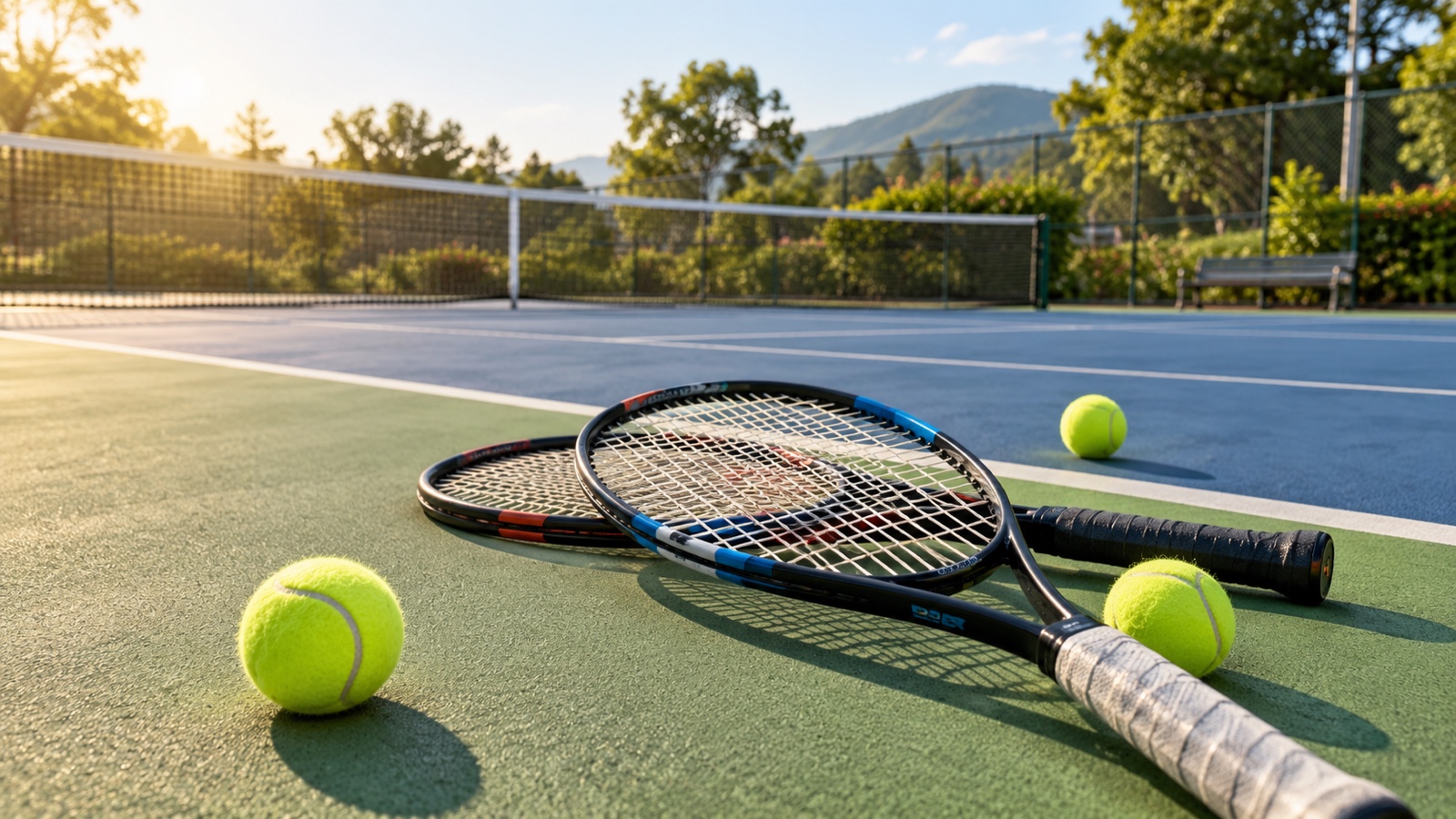 Sunlit public tennis court with two rackets and tennis balls no people.