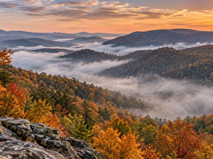 West Virginia Appalachian mountain ridges in autumn mist.