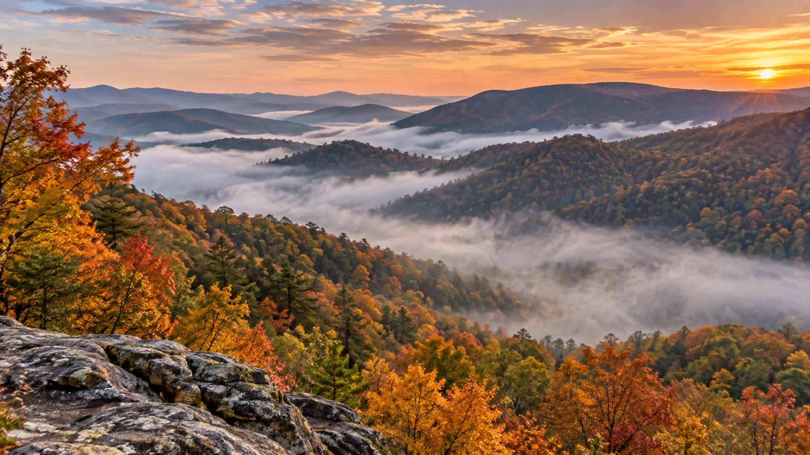 West Virginia Appalachian mountain ridges in autumn mist.