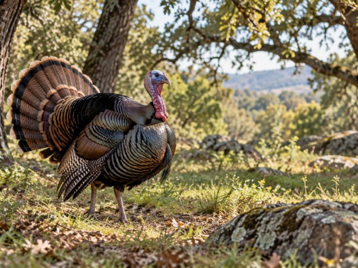 Wild turkey standing in an oak woodland clearing.