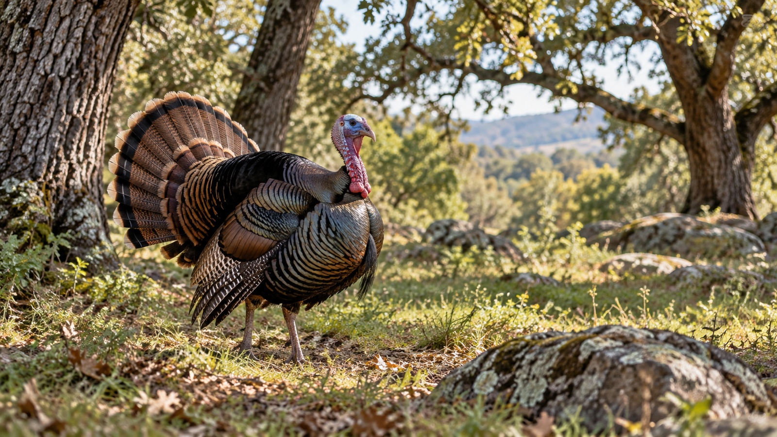 Wild turkey standing in an oak woodland clearing.