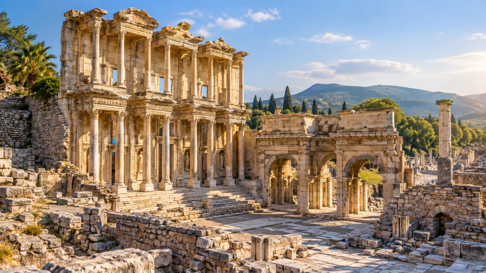 Ancient ruins of Ephesus in warm Anatolian sunlight.