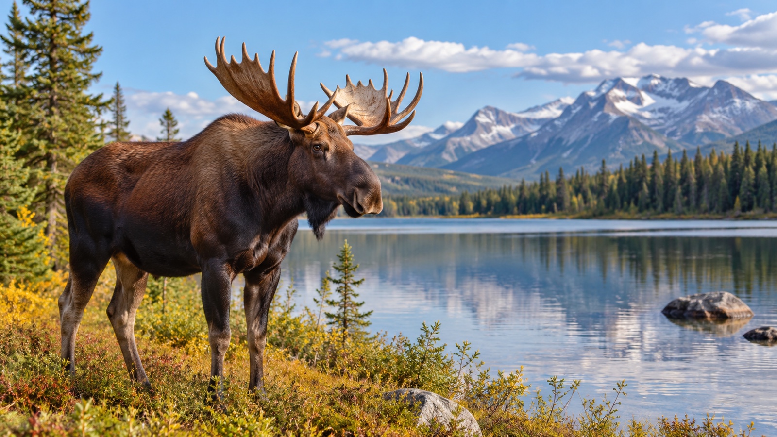 Bull moose with broad antlers beside a lake.