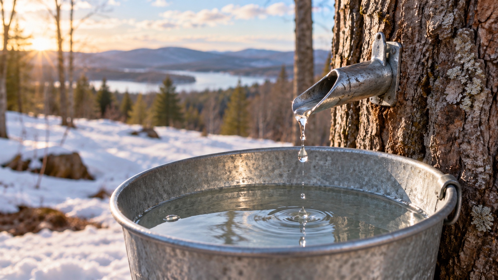 Clear maple sap dripping from a tap into a metal bucket.