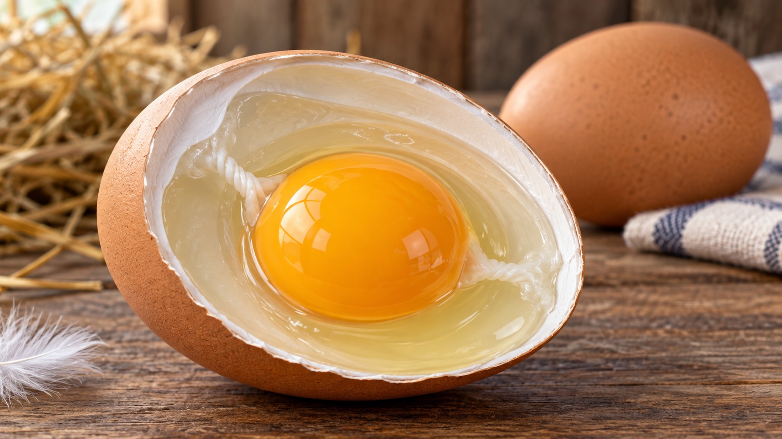 Close scientific cutaway of a chicken egg showing shell white and yolk without labels.