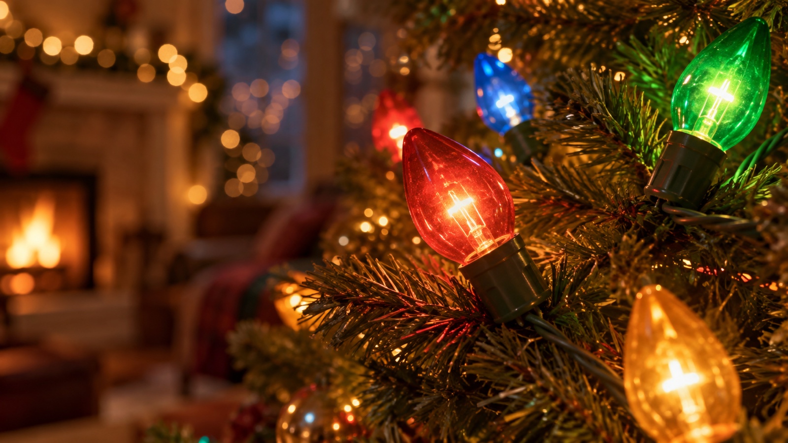 Close view of antique colored incandescent Christmas bulbs glowing among evergreen needles.