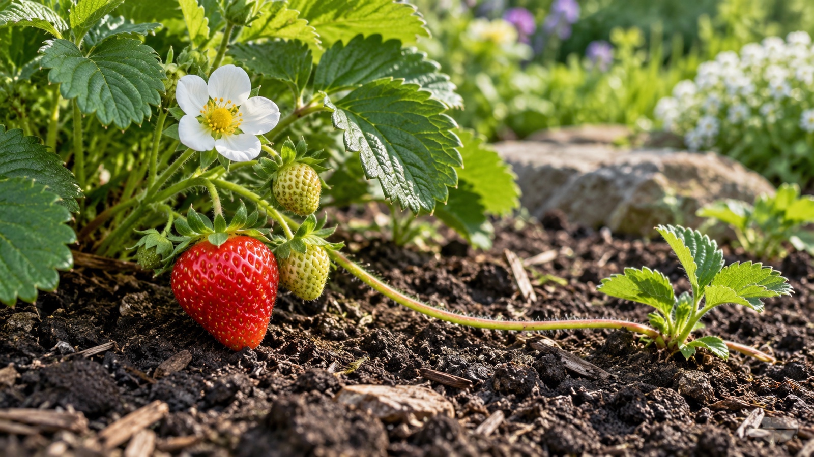 Close view of strawberry flower fruit and trailing runner on a garden bed.