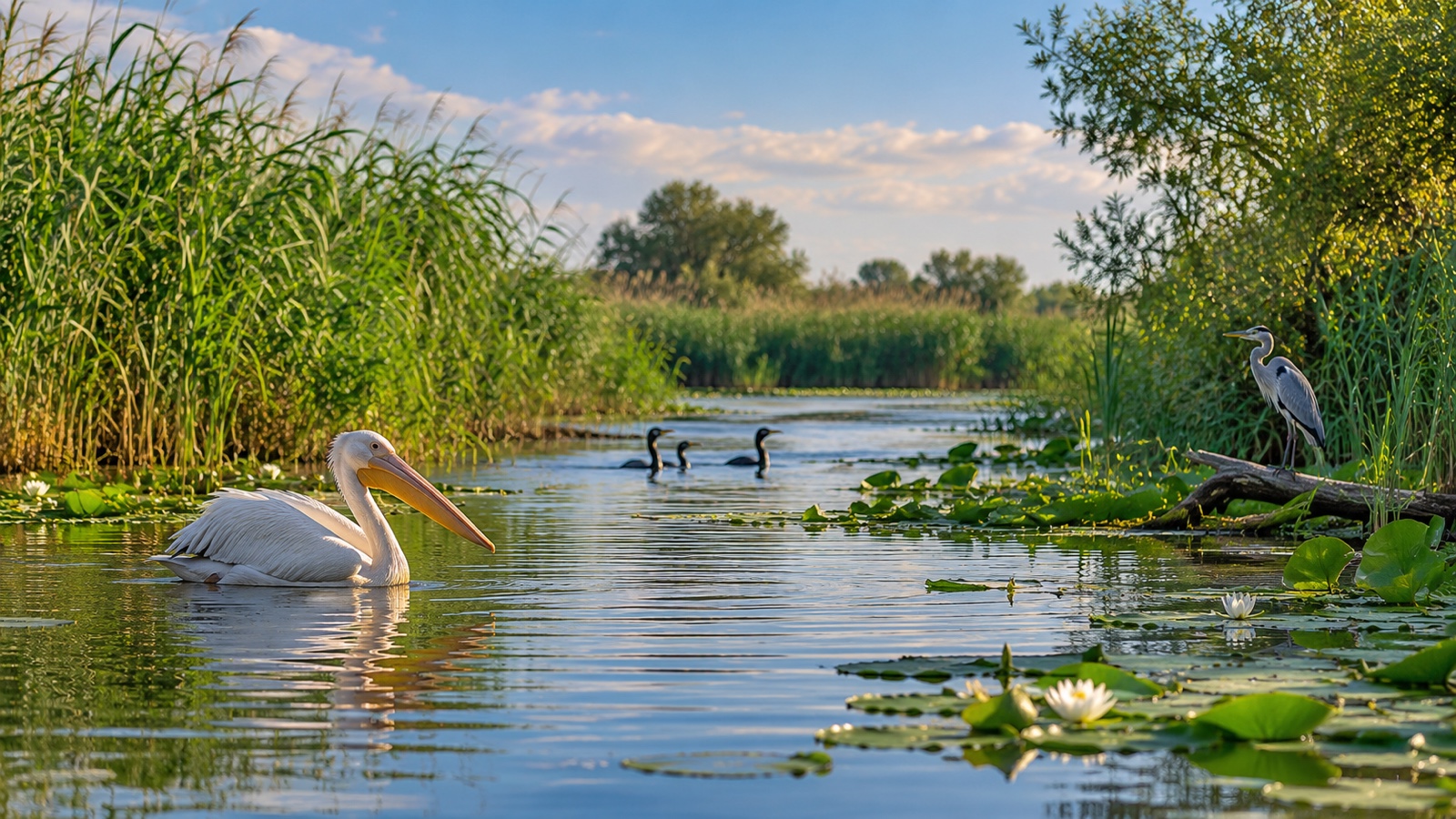 Danube Delta wetland channels and reeds with water birds.