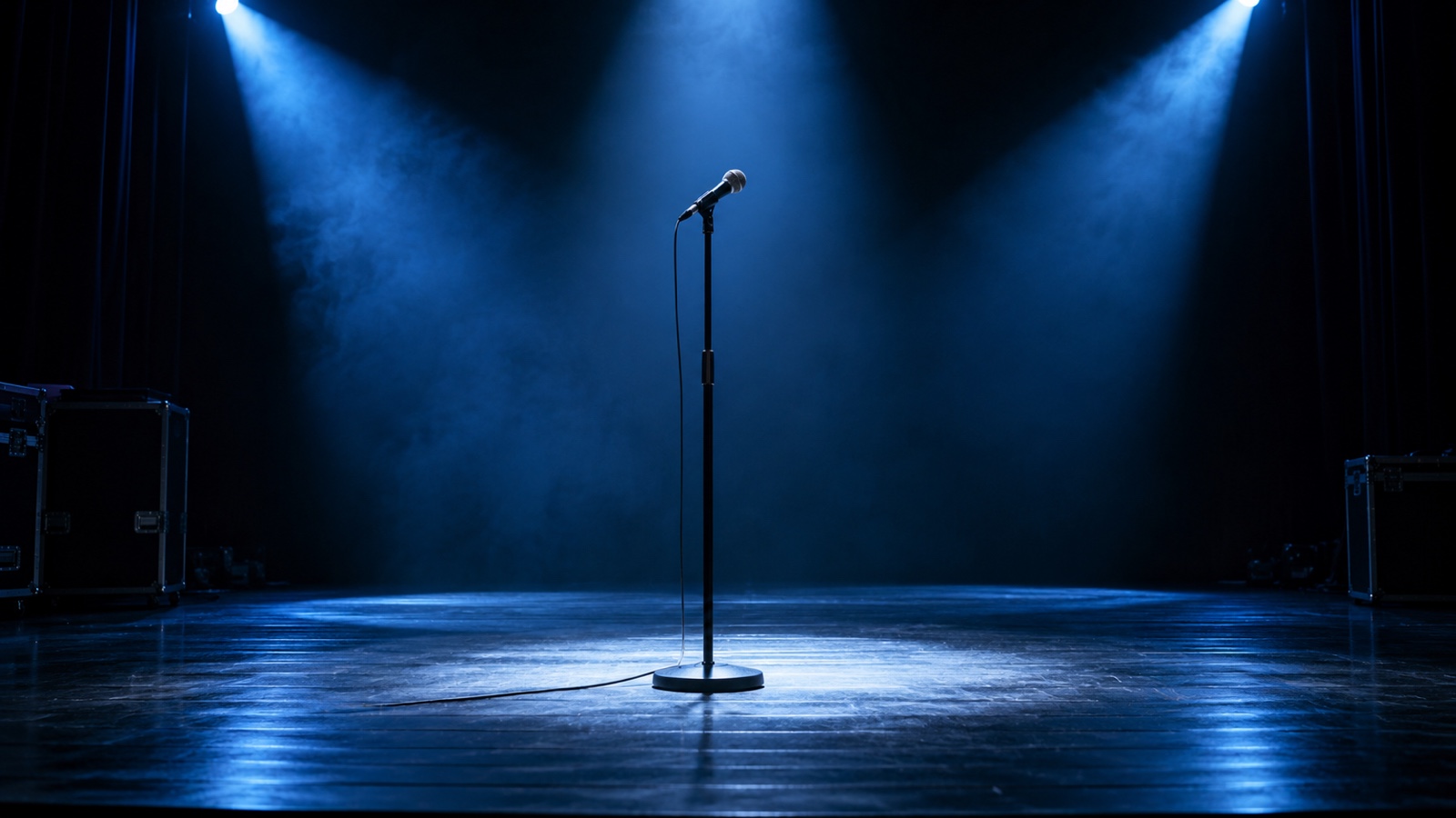 Dark minimalist stage with an empty microphone stand and dramatic blue spotlights.