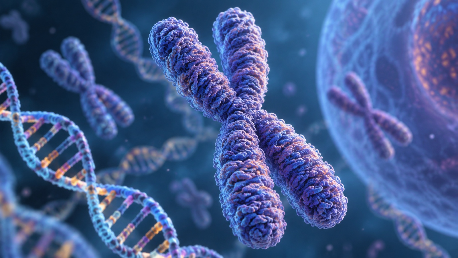 DNA tightly coiled into chromosomal structure in a scientific visualization.