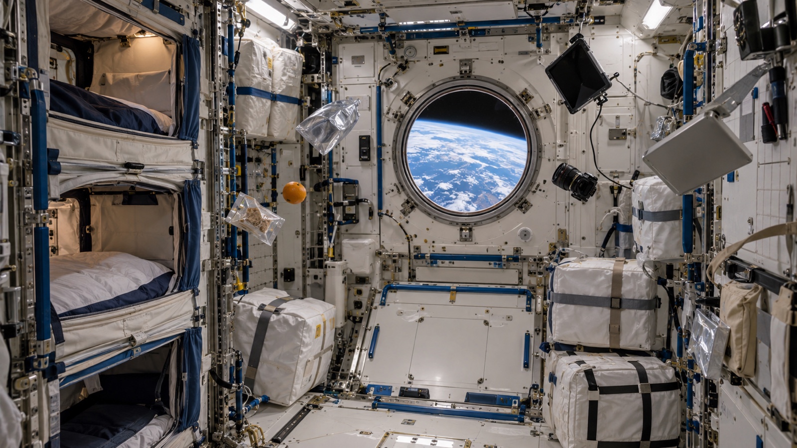 Empty International Space Station habitation module with sleeping compartments and Earth in the window.