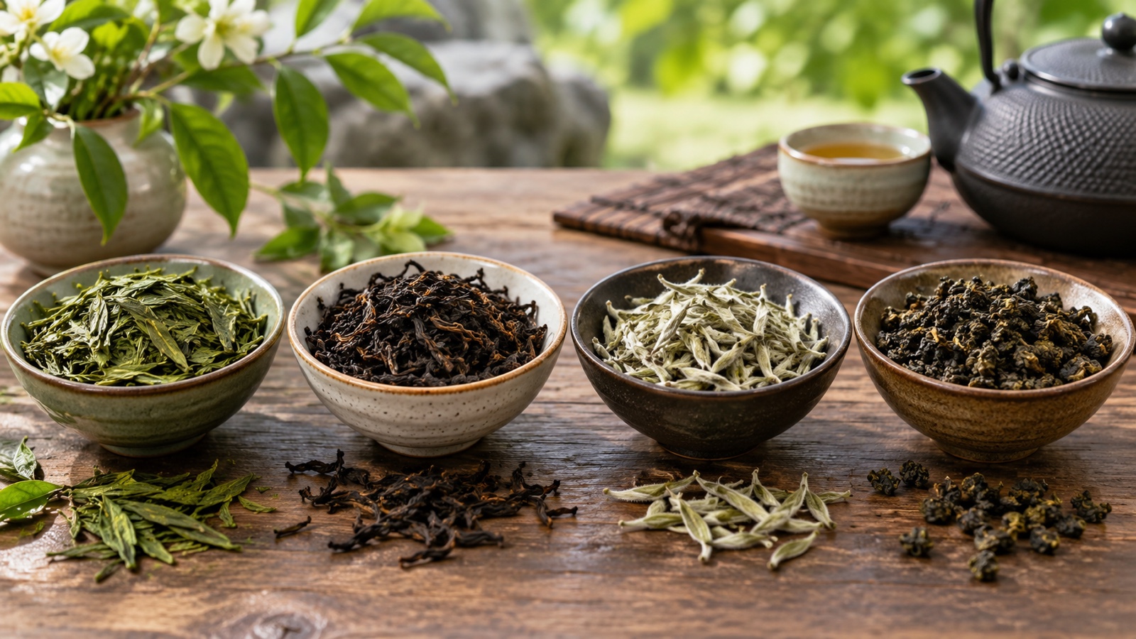 Fresh green black white and oolong loose tea leaves in separate ceramic bowls.