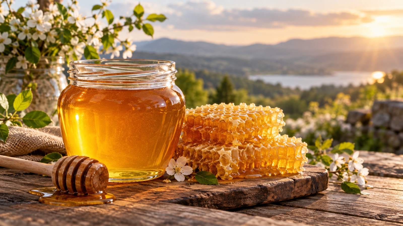Golden honey in a glass jar beside fresh honeycomb.