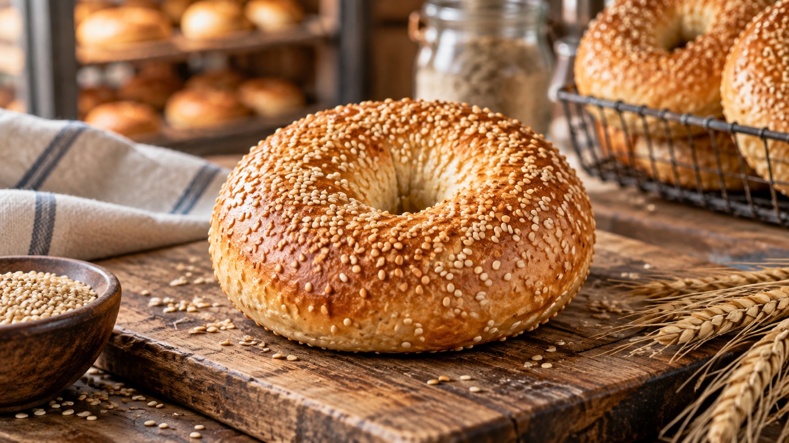 Golden sesame bagel on a rustic bakery counter.