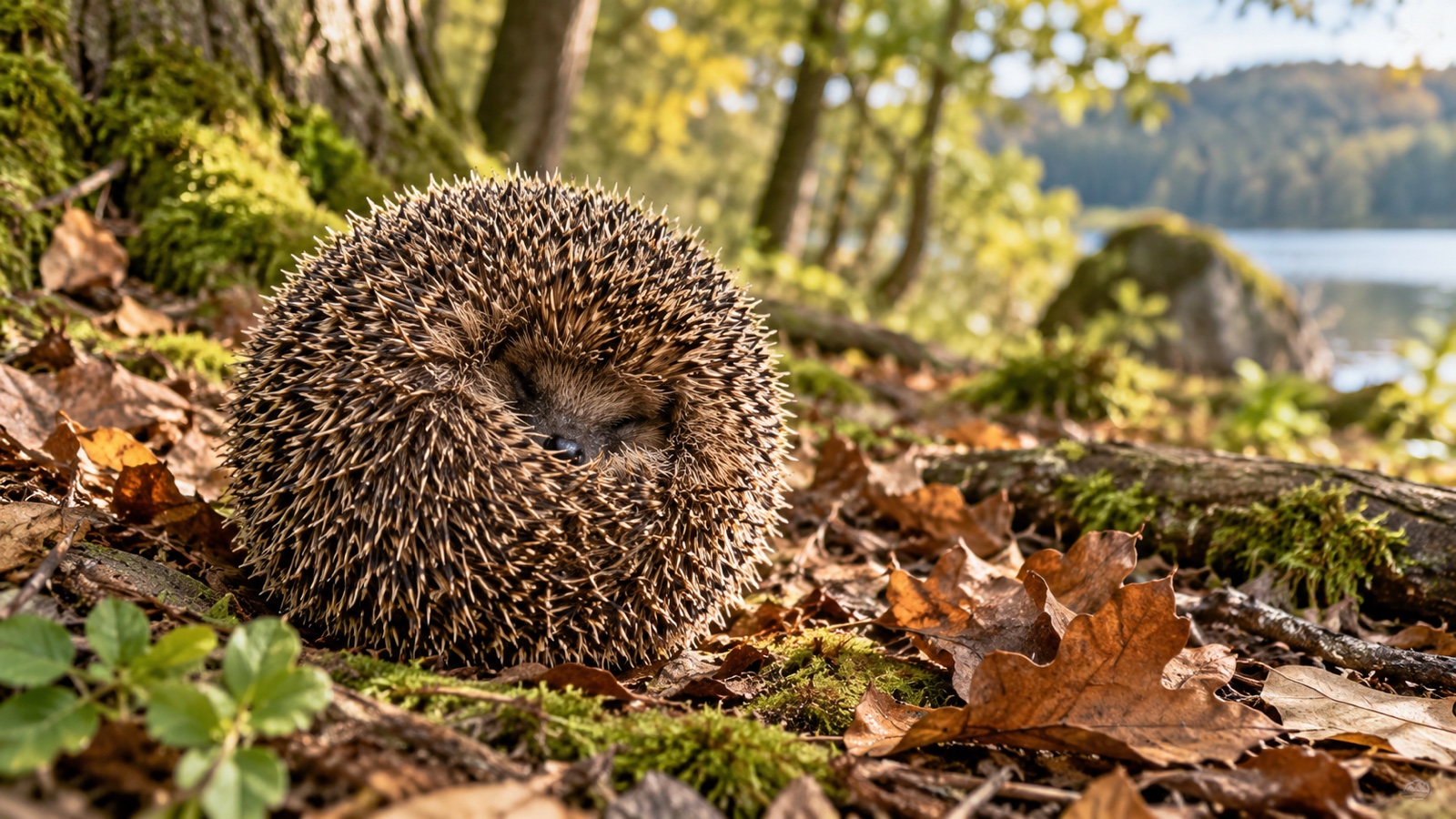 Hedgehog curled into a protective ball on forest floor.