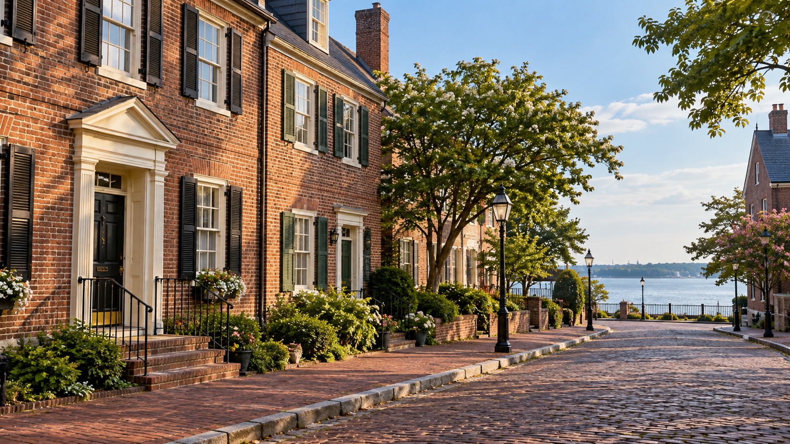 Historic brick colonial buildings in New Castle Delaware.