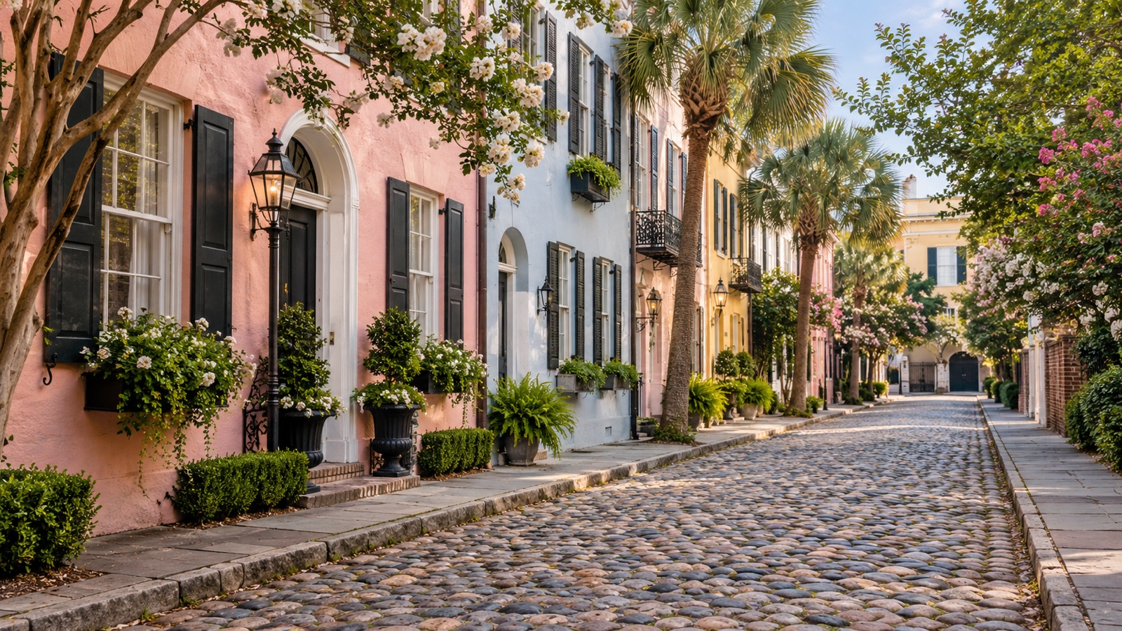 Historic pastel Charleston houses along a quiet cobblestone street.