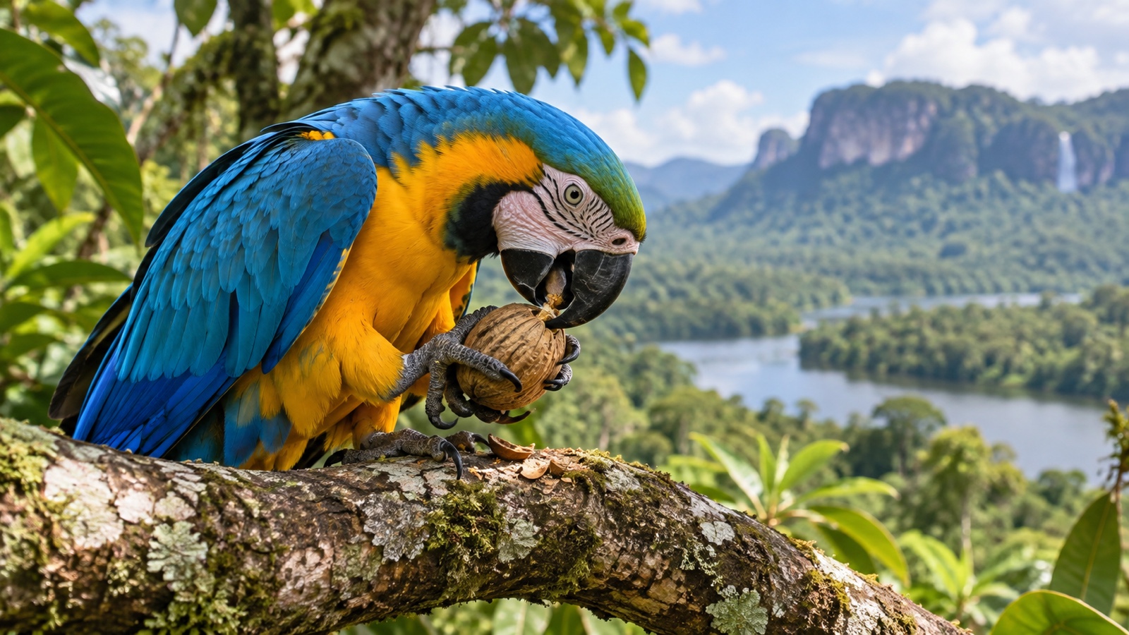 Macaw using its curved beak to crack a hard nut on a branch.