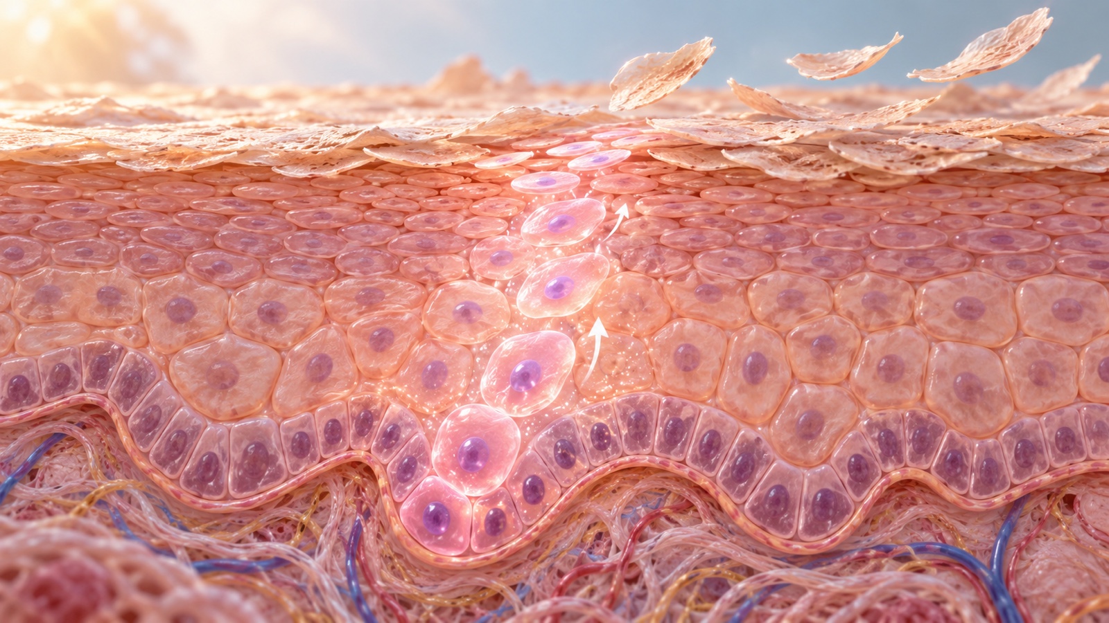Macro scientific rendering of skin cells rebuilding in epidermis.