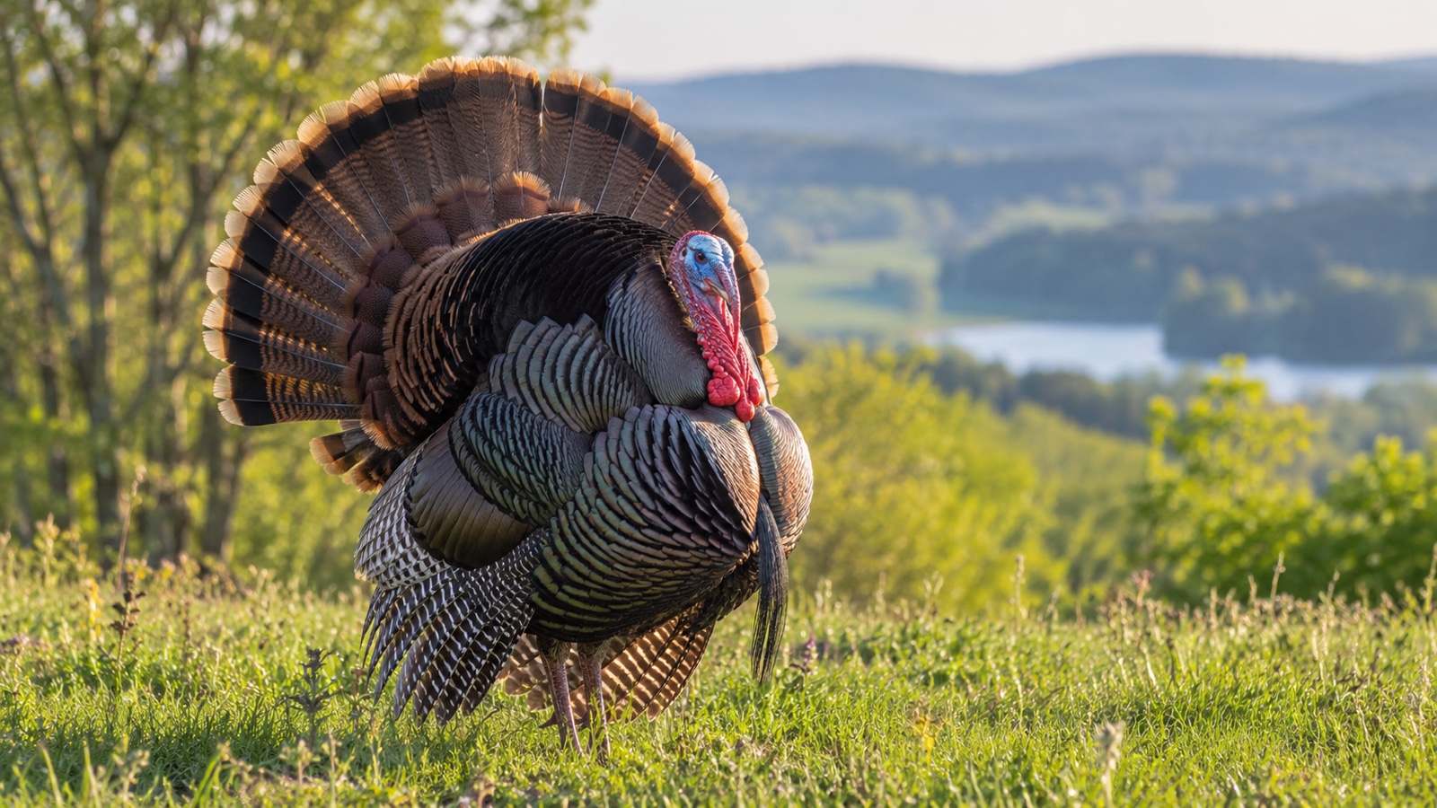 Male wild turkey displaying fan tail feathers in spring.