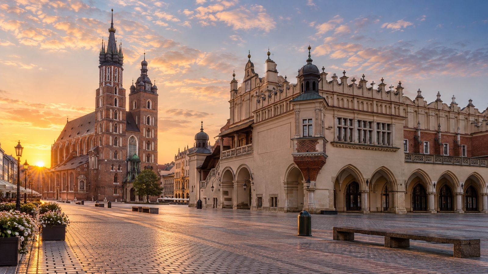 Medieval Krakow old town square architecture at dawn.