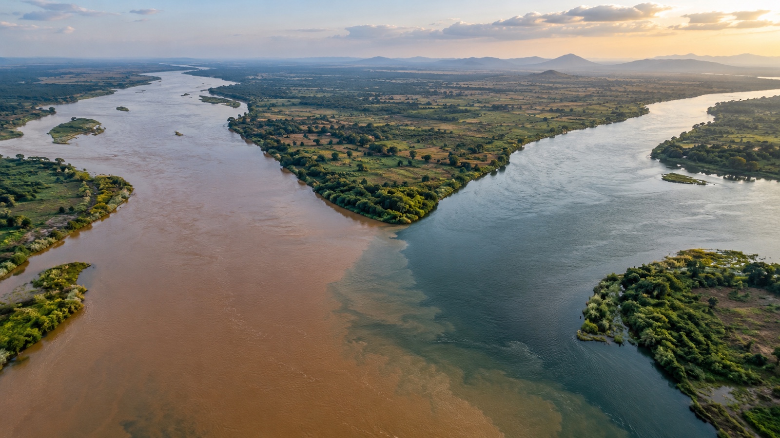 Niger and Benue river confluence viewed from above.