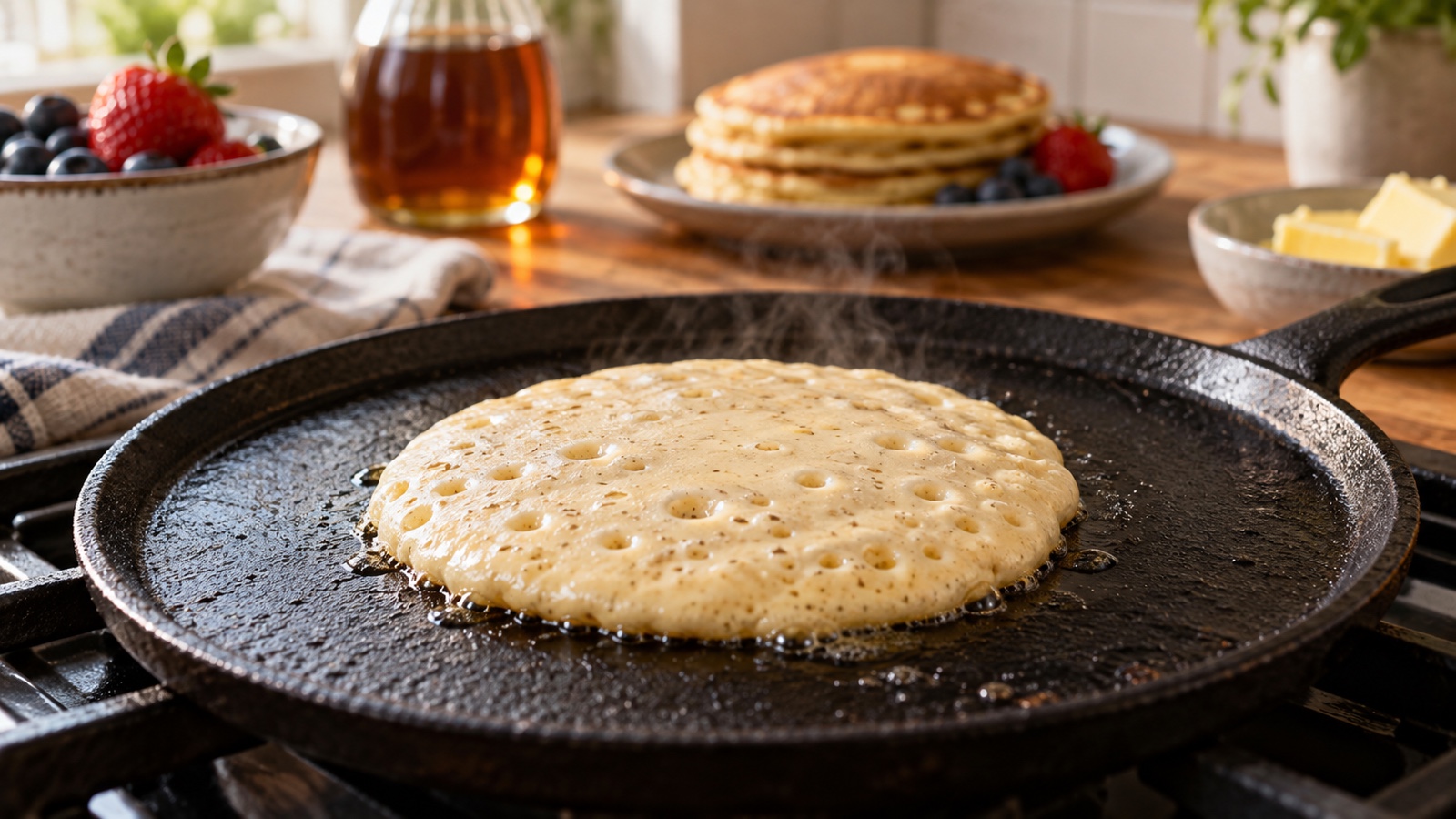 Pancake cooking on a cast iron griddle with bubbles forming.