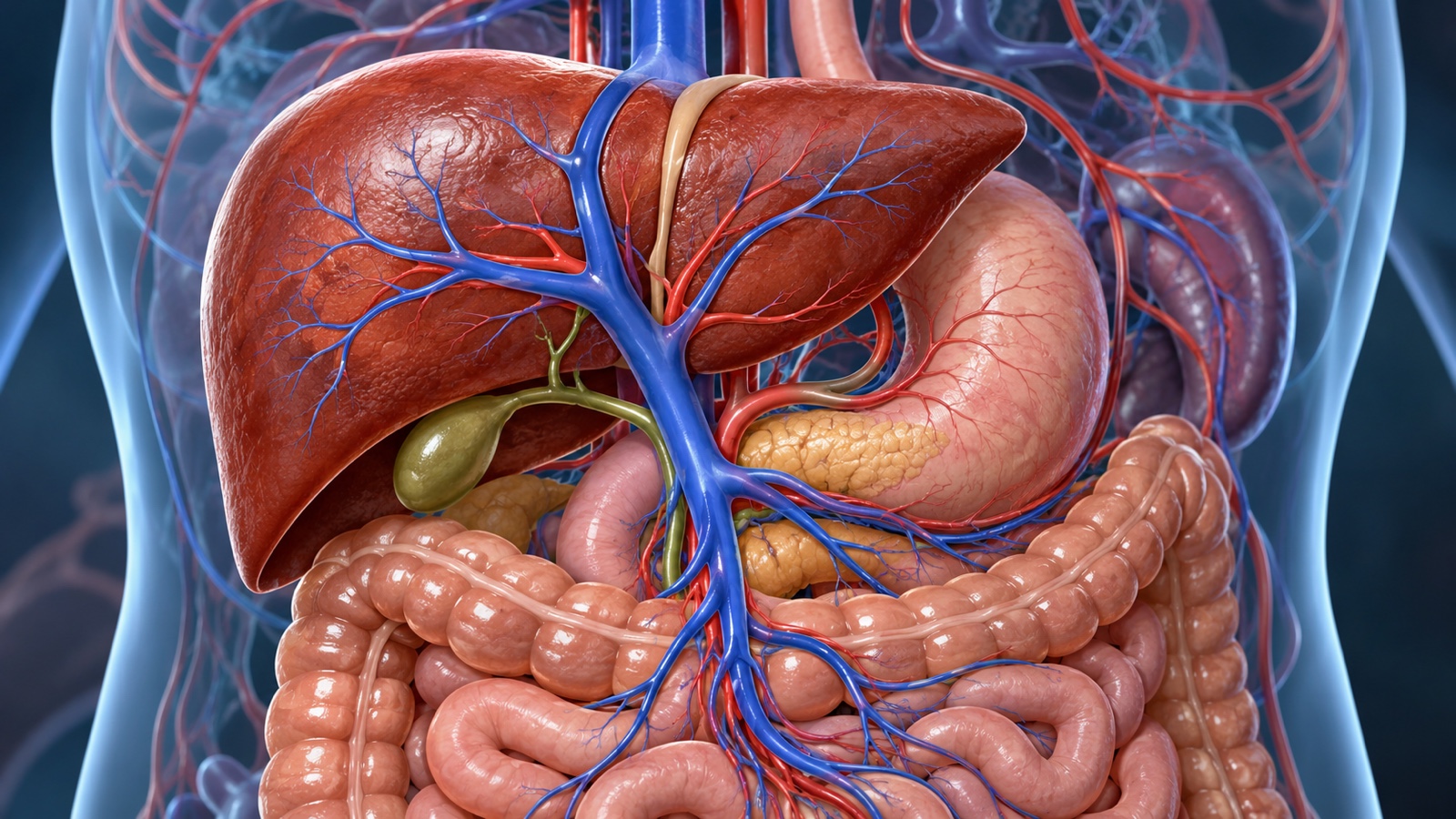 Scientific rendering of liver blood vessels and digestive circulation.