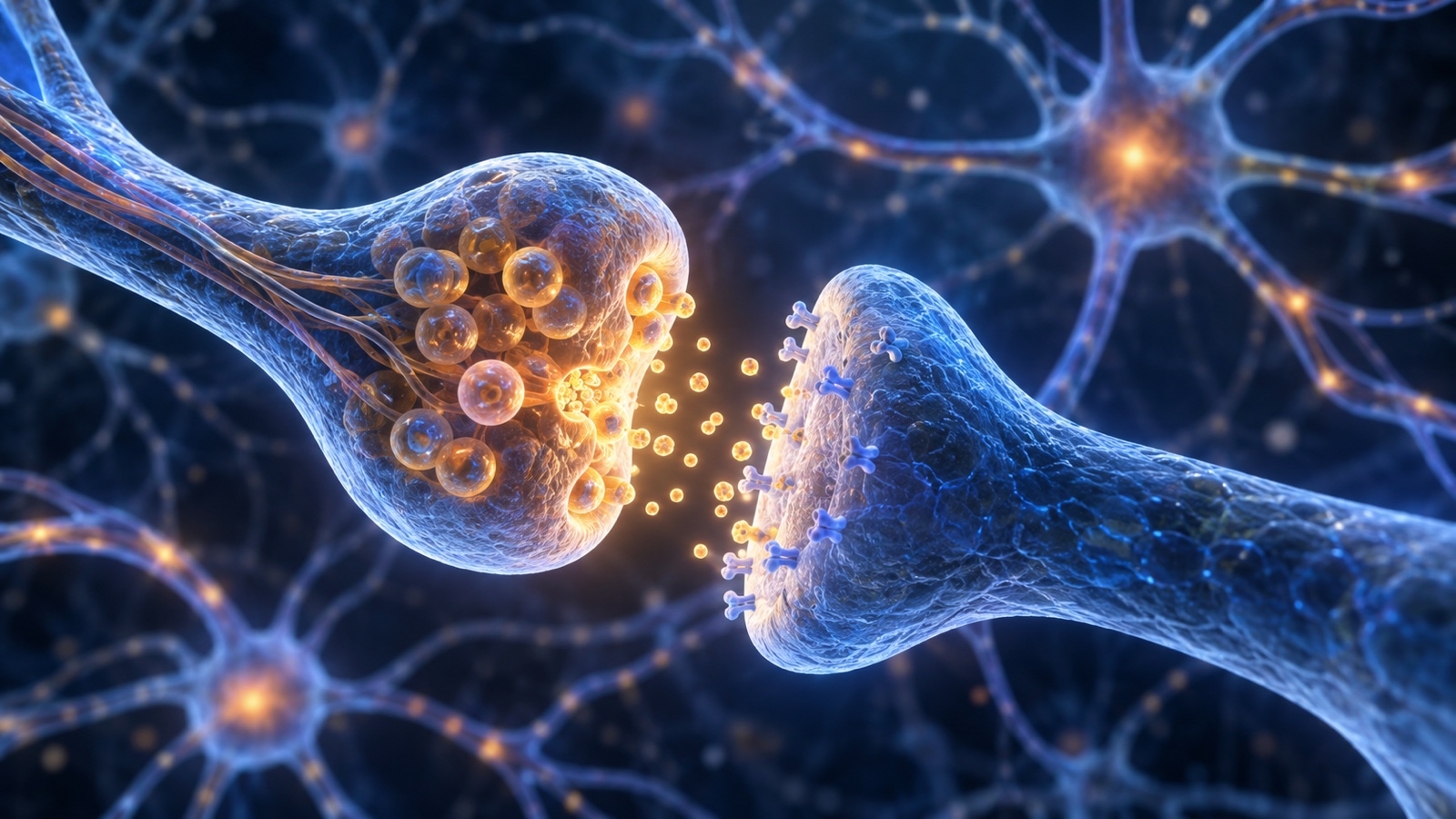 Scientific visualization of neurons communicating across a synapse.
