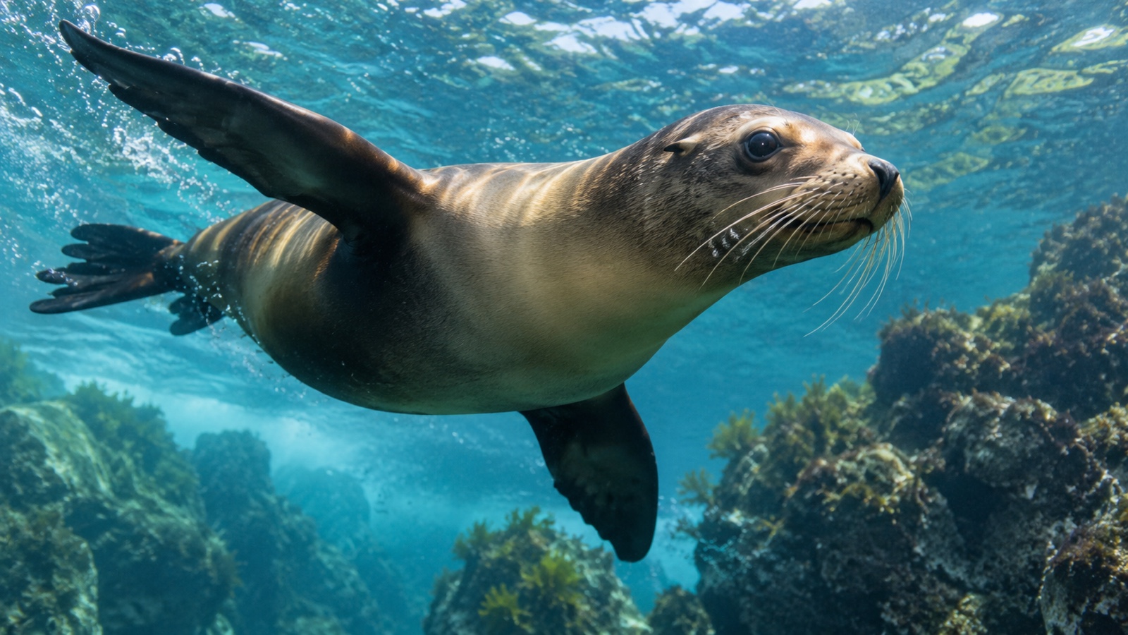 Sea lion swimming underwater with powerful front flippers.
