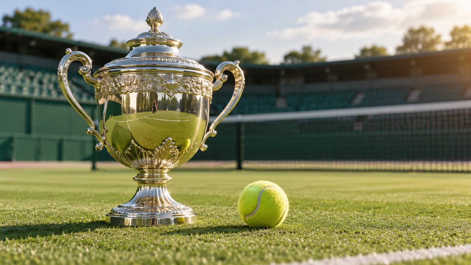 Tennis Grand Slam trophy and ball on a green court with no inscriptions.