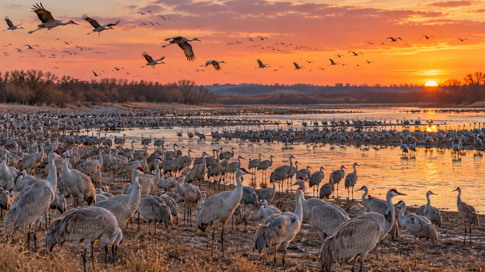 Thousands of sandhill cranes resting beside the Platte River.