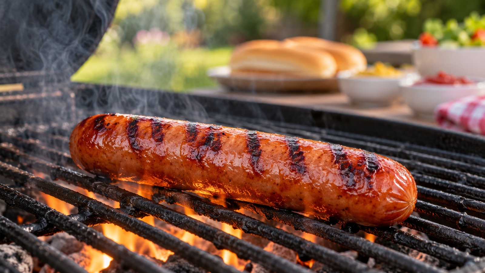 Traditional hot dog sausage browning on a grill.