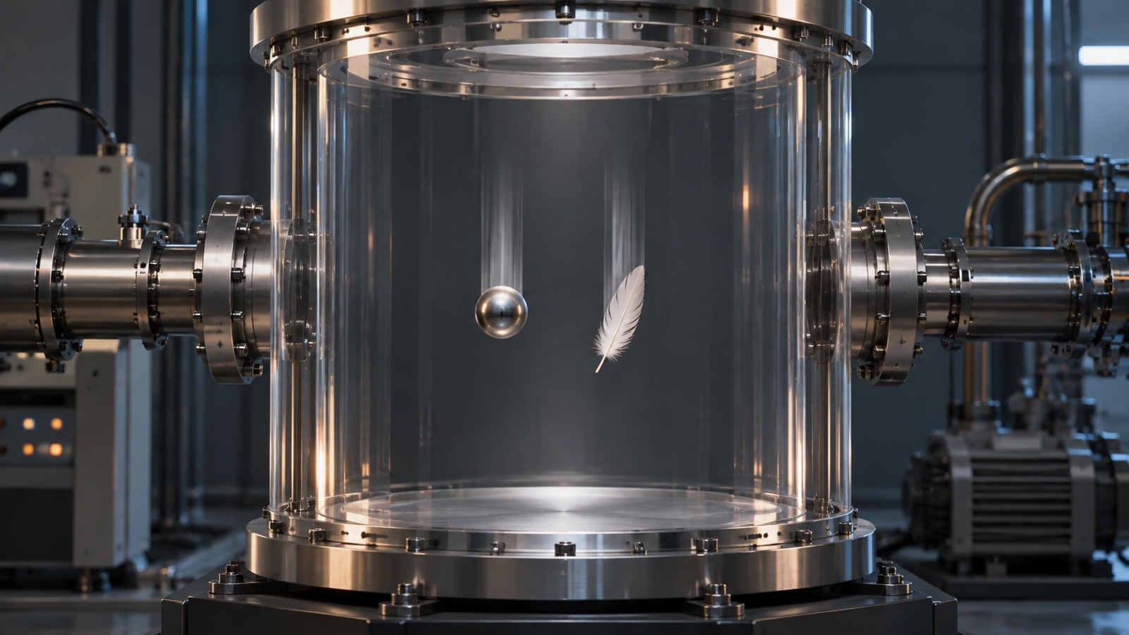 Two objects falling together inside a clean scientific vacuum chamber without labels.