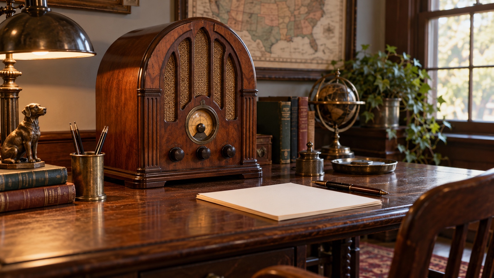 Vintage American radio on a 1930s desk beside blank papers.