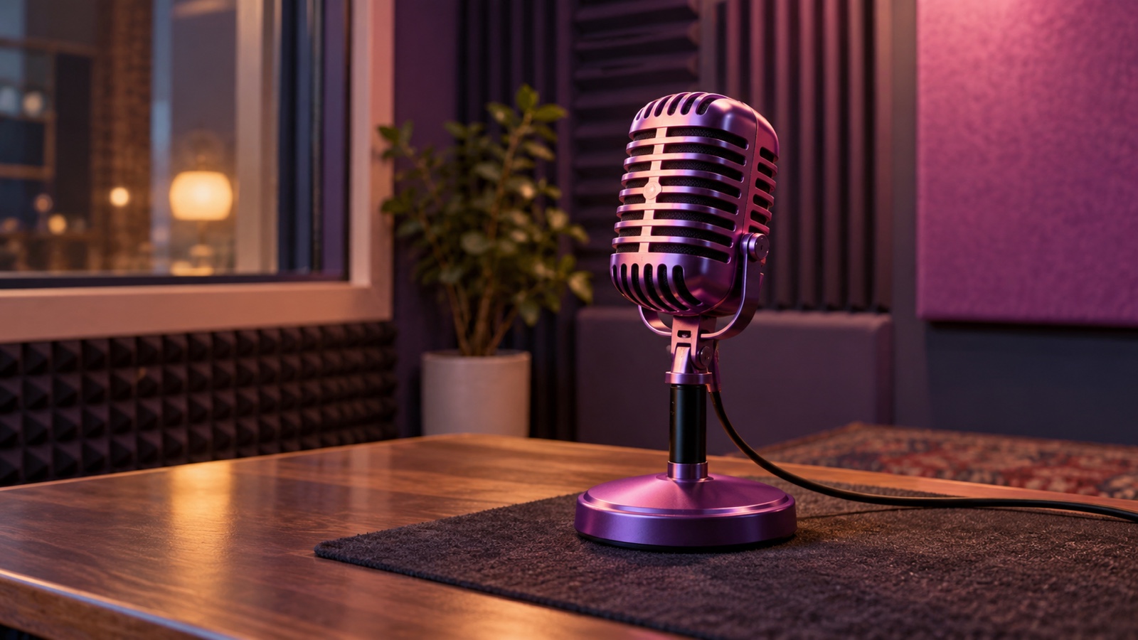 Vintage purple and pink microphone in an empty recording booth.
