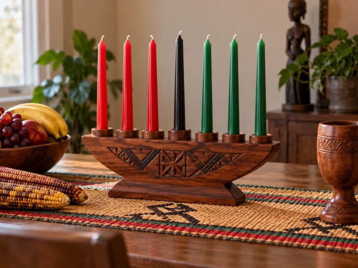 Traditional Kwanzaa table with a wooden kinara holding seven red, black, and green candles, a woven mat, corn, and fruit