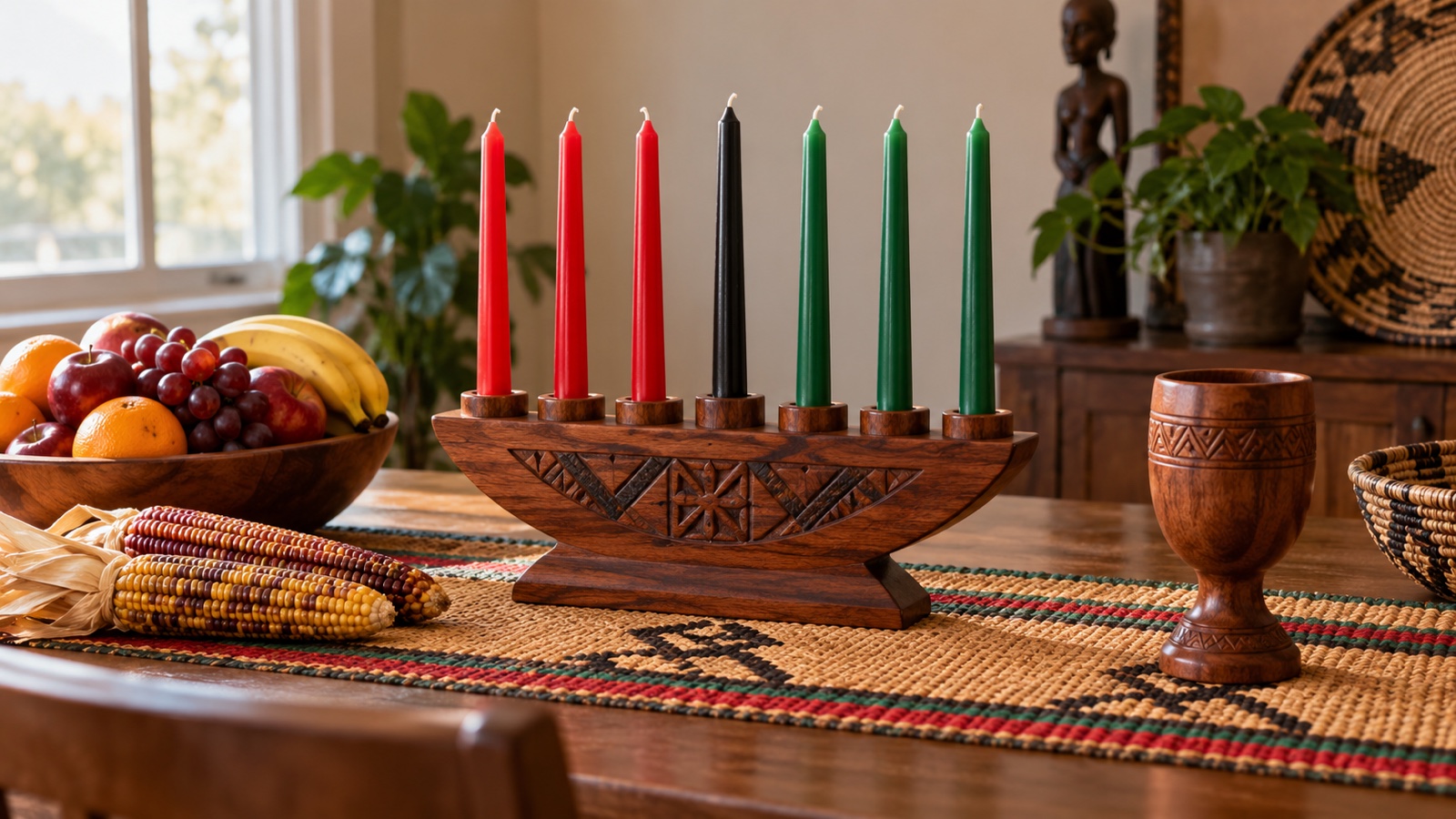 Traditional Kwanzaa table with a wooden kinara holding seven red, black, and green candles, a woven mat, corn, and fruit