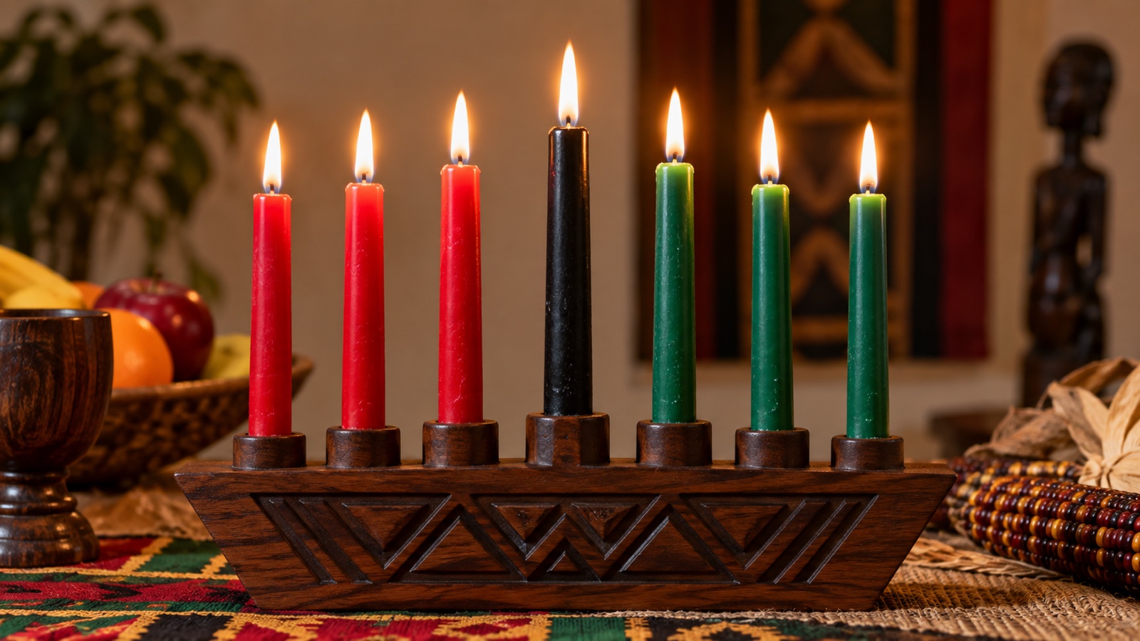 Close view of seven Kwanzaa candles in a wooden kinara, with the central black candle prominent