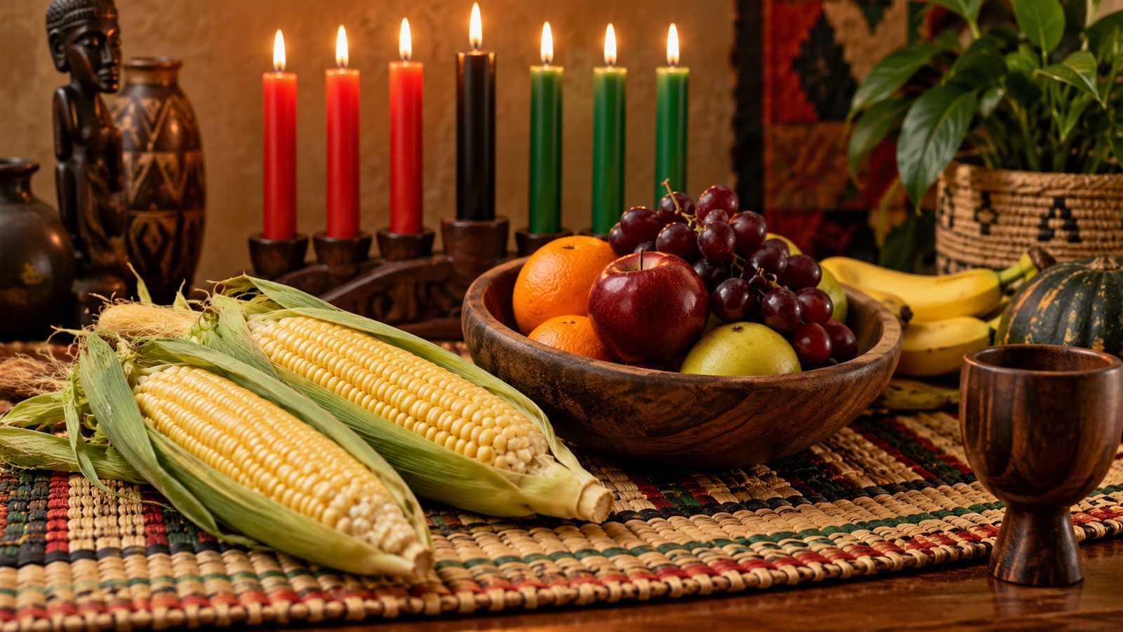 Fresh corn ears, fruit, and a woven mat arranged as harvest symbols for Kwanzaa